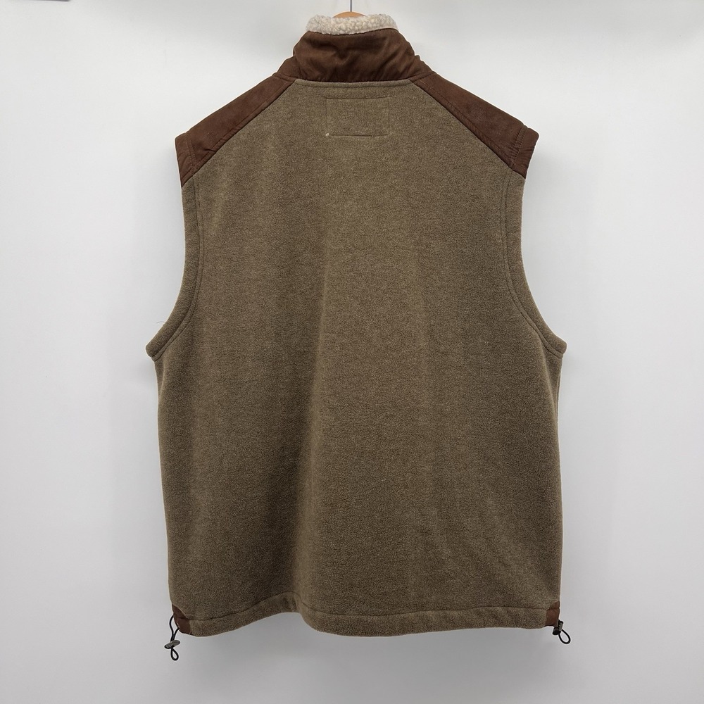 Orvis Vest Mens Large Brown Green Fleece Faux Leather Trim Sherpa Collar Pocket - Picture 2 of 6